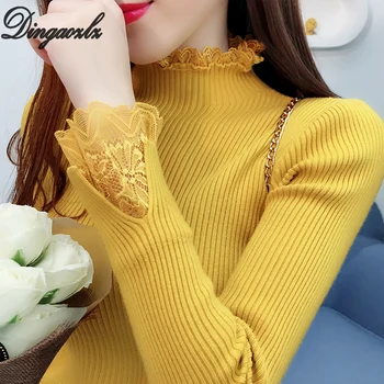

Dingaozlz Autumn Winter Sweater New Fashion Women lace stitching Knitted shirt long sleeve Casual Pullovers Tops