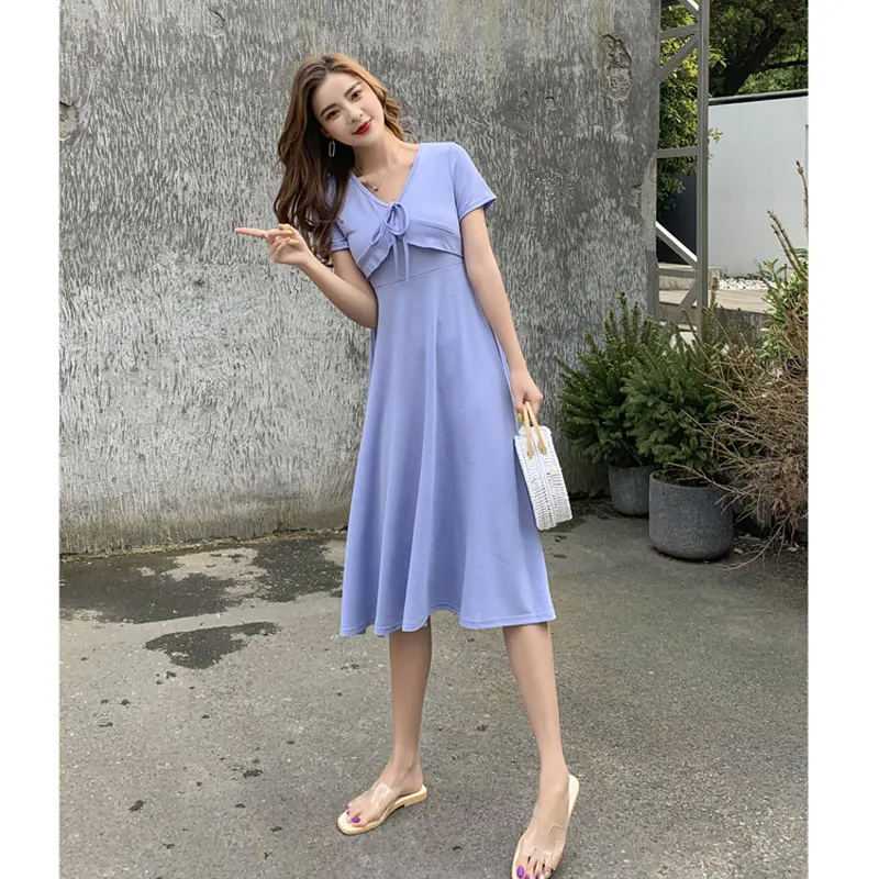 

Summer new women's clothes 2019 Korea lace V neck high waist slimming girlfriends dress solid color long short sleeve dress