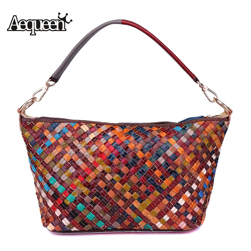 

AEQUEEN Genuine Leather Women Handbags Weaving Shoulder Bags Female Colorful Crossbody Bags Hobos Totes Large Capacity Bolsos
