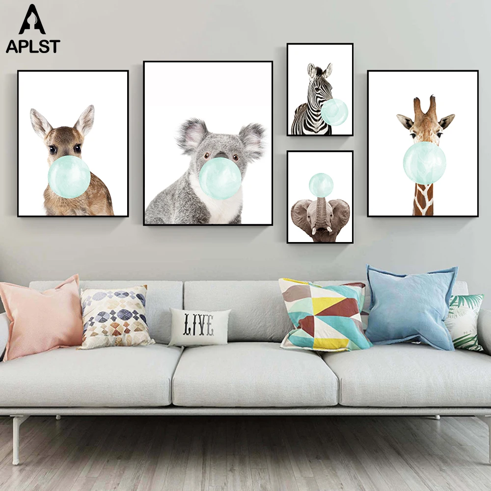 

Animal Zebra Giraffe Koala Elephant Chewing Bubble Gum Canvas Poster Print Painting Picture for Baby Infant Kids Bedroom Nursery