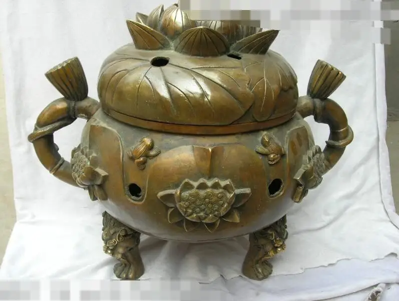 

S03001 15"Chinese Bronze Folk Eximous Water lily lotus flower incense burner Statue B0403