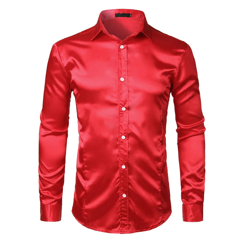 Для мужчин Slim Fit шелковое атласное платье рубашки для мальчиков рубашка с