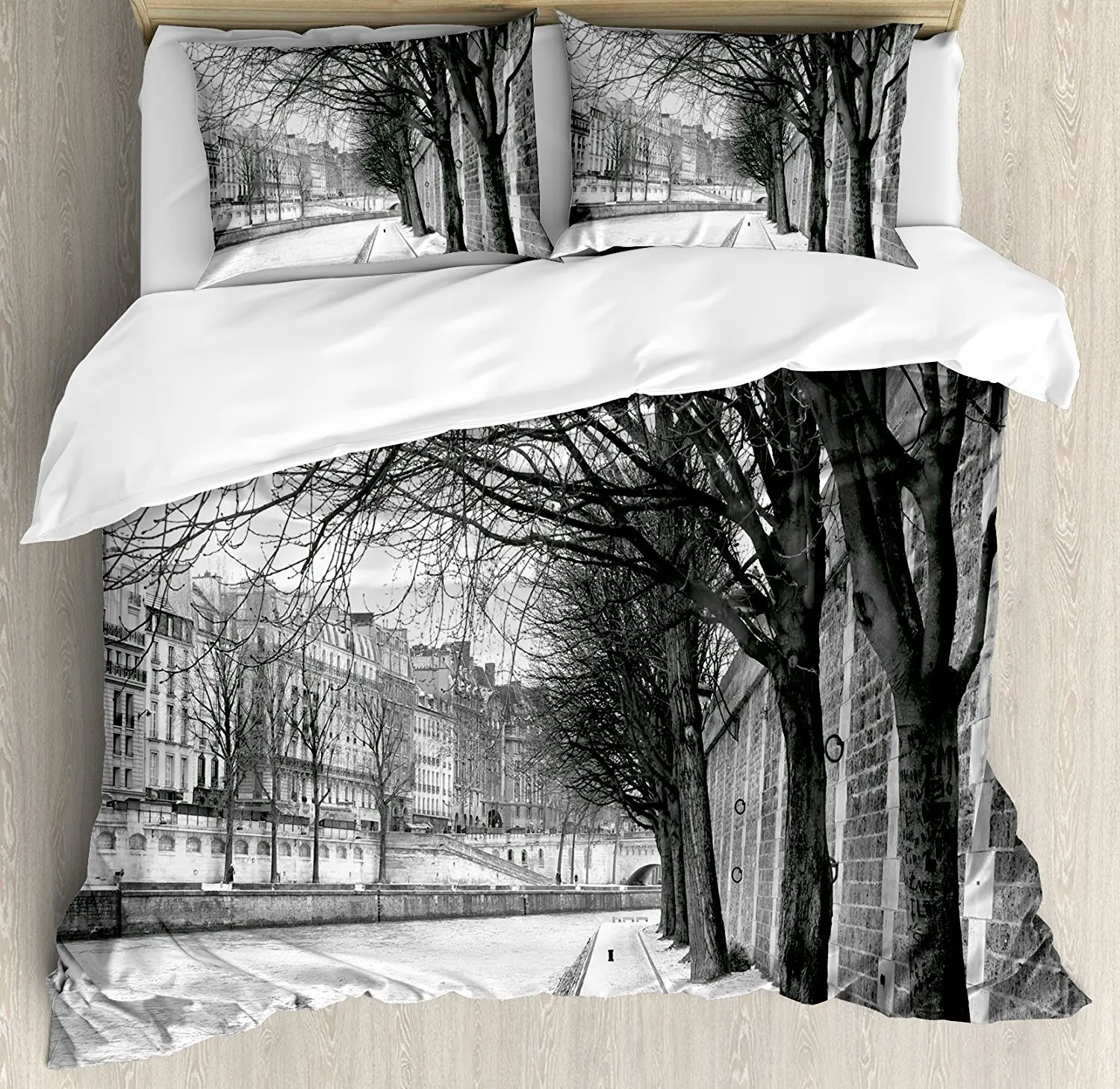 

Black and White Decorations Duvet Cover Set Seine River Paris France Snowy Winter in Urban City Trees 4 Piece Bedding Set