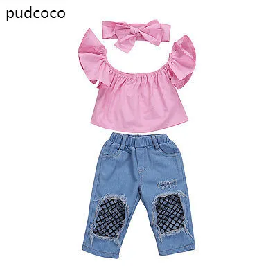 3-piece Girls Clothing Set: Baby Girls Cute Off-Shoulder Pink Tops, Holes Denim Pants, and Headband Outfits image 4