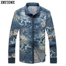 Хлопок Slim Fit брендовая Повседневная джинсовая рубашка контрастного цвета с цветочным принтом мужская Ковбойская Рубашка с длинными рукавами Camisa джинсы Masculina