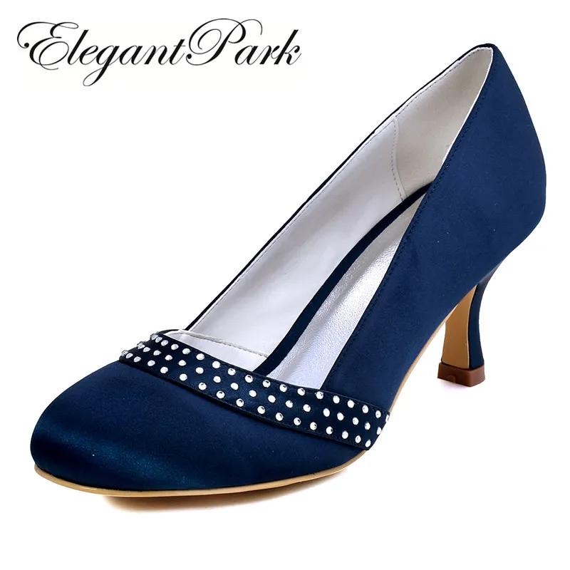 Classic Woman Shoes A0718 Navy Blue Black Round Toe Rhinestone 2.5" Spool Heels Satin Women