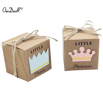 

100 pcs Little Prince Princess Brown Kraft Paper Gift Box Baby Shower Birthday Party Favors Candy Boxes with Crown and Twine