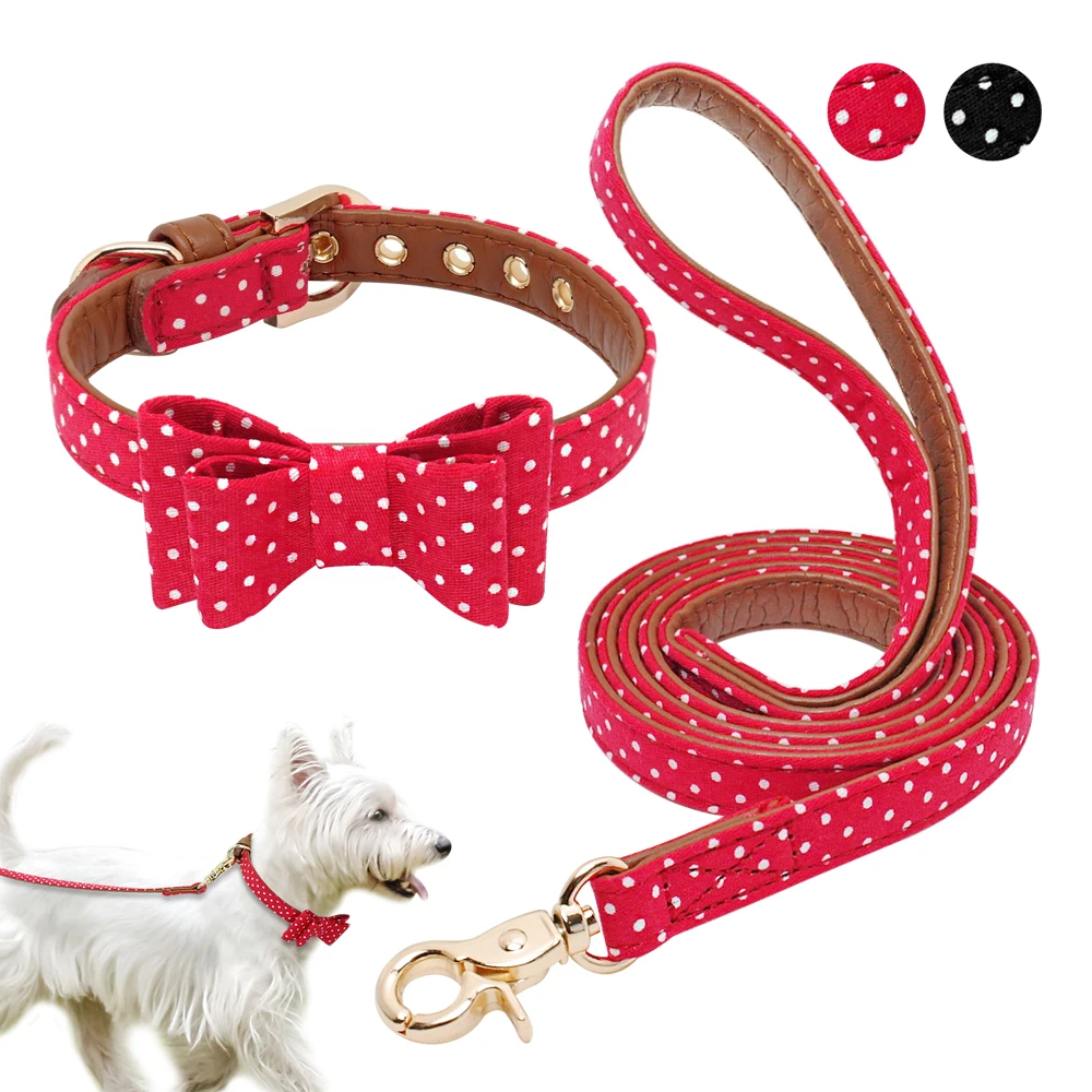 Puppy Dog Collar and Leash Set Leather Pet Cat Bowknot Collar Polka Dot