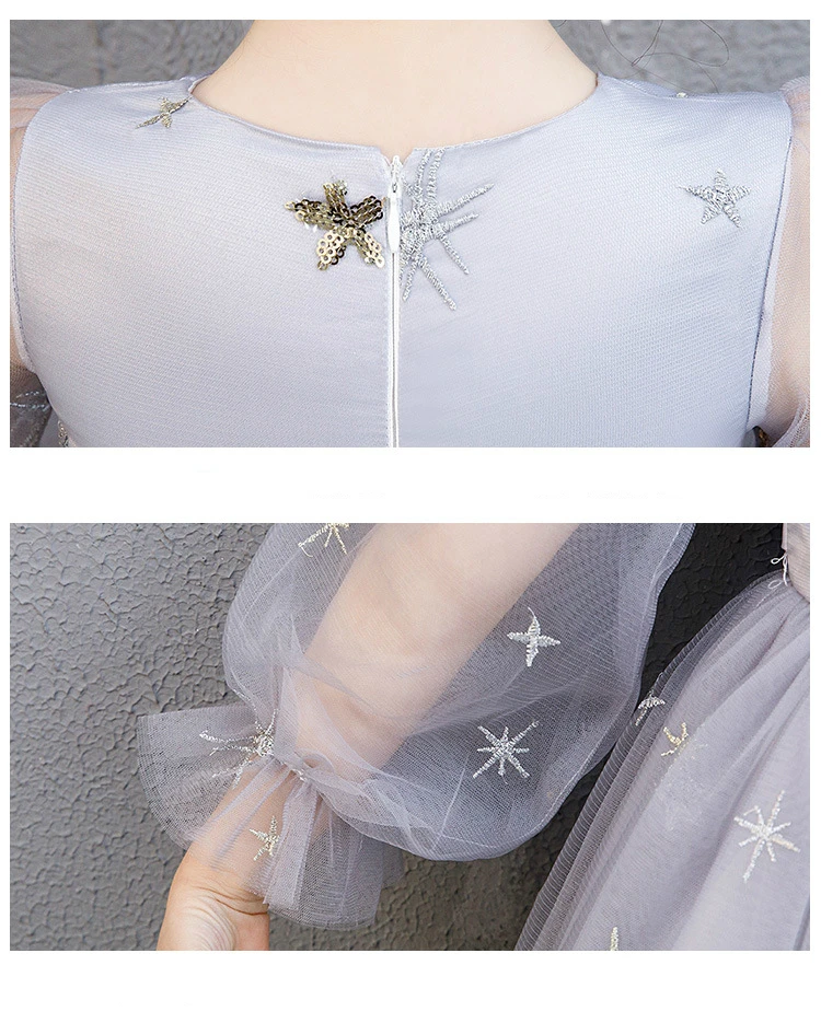 Элегантные вечерние платья с вышивкой звезд для девочек-подростков; костюмы принцессы с пышными тюлевыми рукавами; Серебряное Вечернее платье для детей