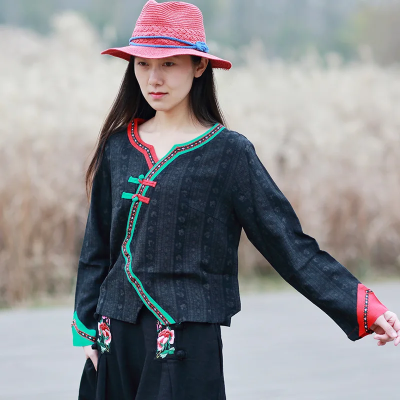 

Spring Autumn New Cotton Linen Long Sleeve Plate Button Short Shirt Women Loose Was Thin National Wind Casual Jacket