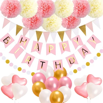 

Birthday Decorations Sets Party Supplies Pink Gold Ivory White Tissue Paper Pom Pom Bunting Flags for Birthday Party Decorations