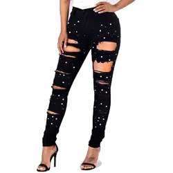 Lienzy Весна модные рваные джинсы женщин тонкий высокая талия Black Ripped Skinny высокая эластичность джинсы для женские джинсовые брюки