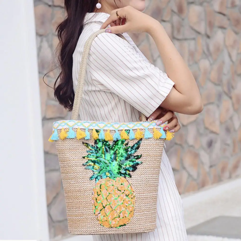 

Pineapple Print Bohemian Bag Beach Water Bucket Straw Bag Handmade Pineapple Pattern Rattan-made Single-shoulder Bags
