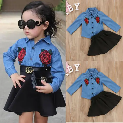 

2018 New Arrival Fashion 2Pcs Clothes Kids Baby Girls Denim Floral Blouse Shirt+Skirt Tutu Dress Embroidery Outfits Clothes Set