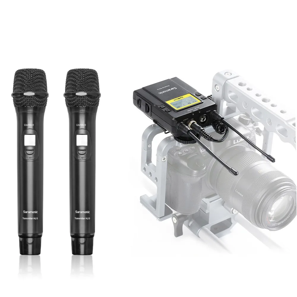 Saramonic UwMic9 96-канал частоты UHF Беспроводные ПЕТЛИЧНЫЕ микрофонные системы два ручных микрофона и один приемник для DSLR и видеокамеры