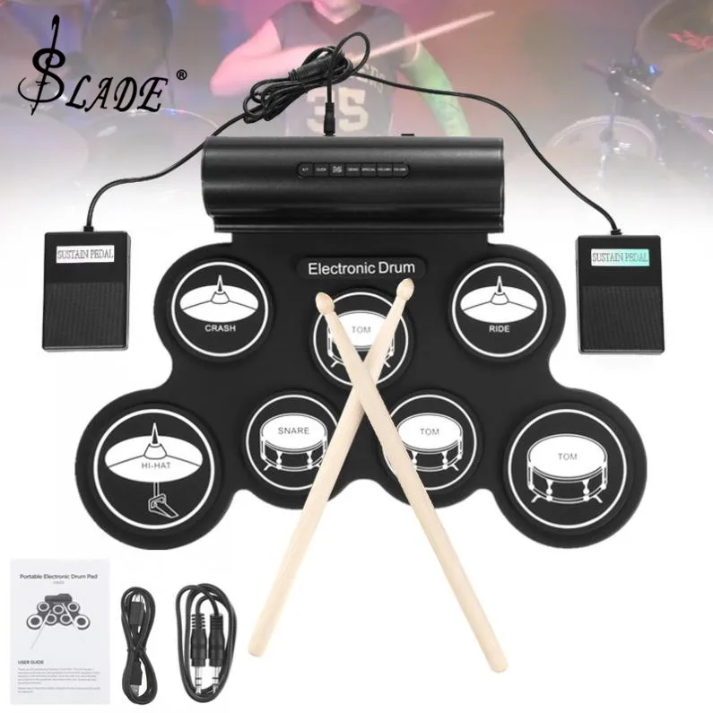  Batería electrónica Digital USB MIDI 7 almohadillas Roll Up Set silicona batería eléctrica almohadi