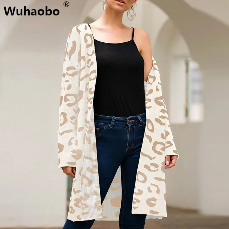

Wuhaobo Leopard Print Knitted Long Sweater Women Long Sleeve Open Stitch Autumn Women Tops Loose Casual Women Cardigans Coat
