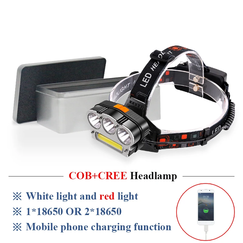 cheap Dual light source red light head flashlight xml 3t6 COB led head lamp Power bank headlamp usb headlight head torch lantern 18650
