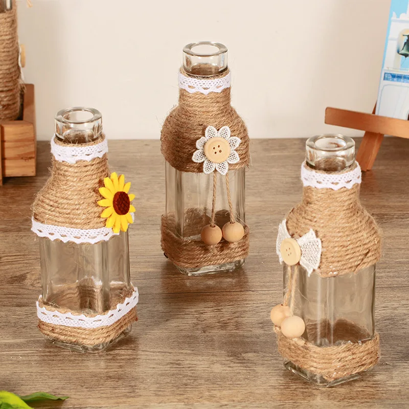 

New Design Flower Vase Glass Linen Rope Flowerpot Simulation Plant Arts Linen Cover Home Decoration Handwork Ornaments Craft