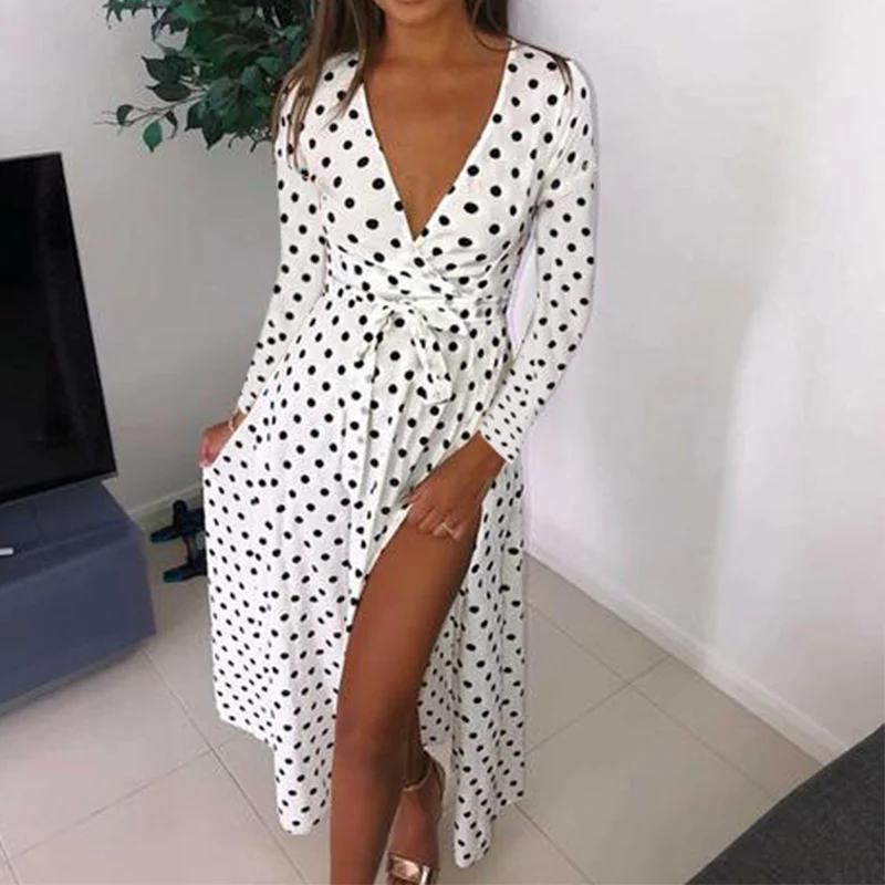 Qunndy 2018 Sexy Long Sleeve V Neck Long Party Maxi Dresses Polka Dot Print Beach Bohemian Vintage Dress Women Casual Vestidos (2)