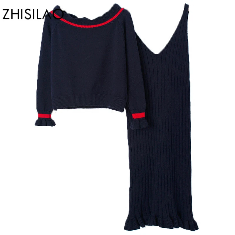 

ZHISILAO Knitted Sweater Tracksuit Woman Set Winter 2018 Solid Woman Suit Sweater Dress Pull Femme Long Sexy Warm Two Piece Set
