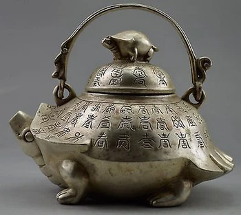 

WBY 726++++++Silver Bronze Decorated Old Handwork Tibet Silver Carved Tortoise Big Tea Pot fast shipping, tools wedding