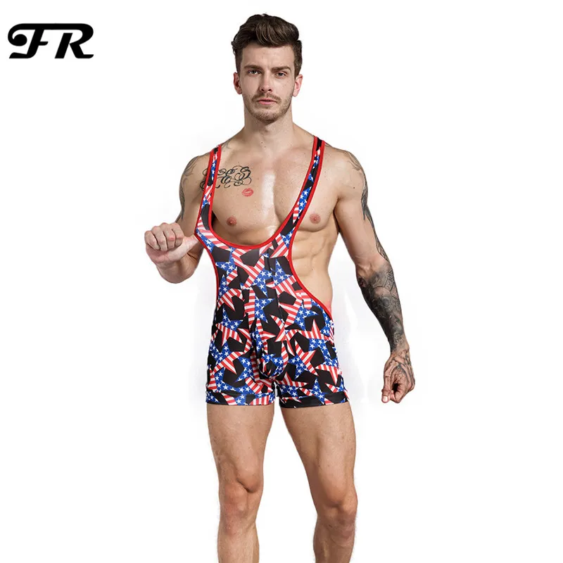 

FR New Men's American Flag Printing Underwear,High Waist Men's Bodysuits,Men's Suspender Jockstrap Wrestling Singlet Underwear