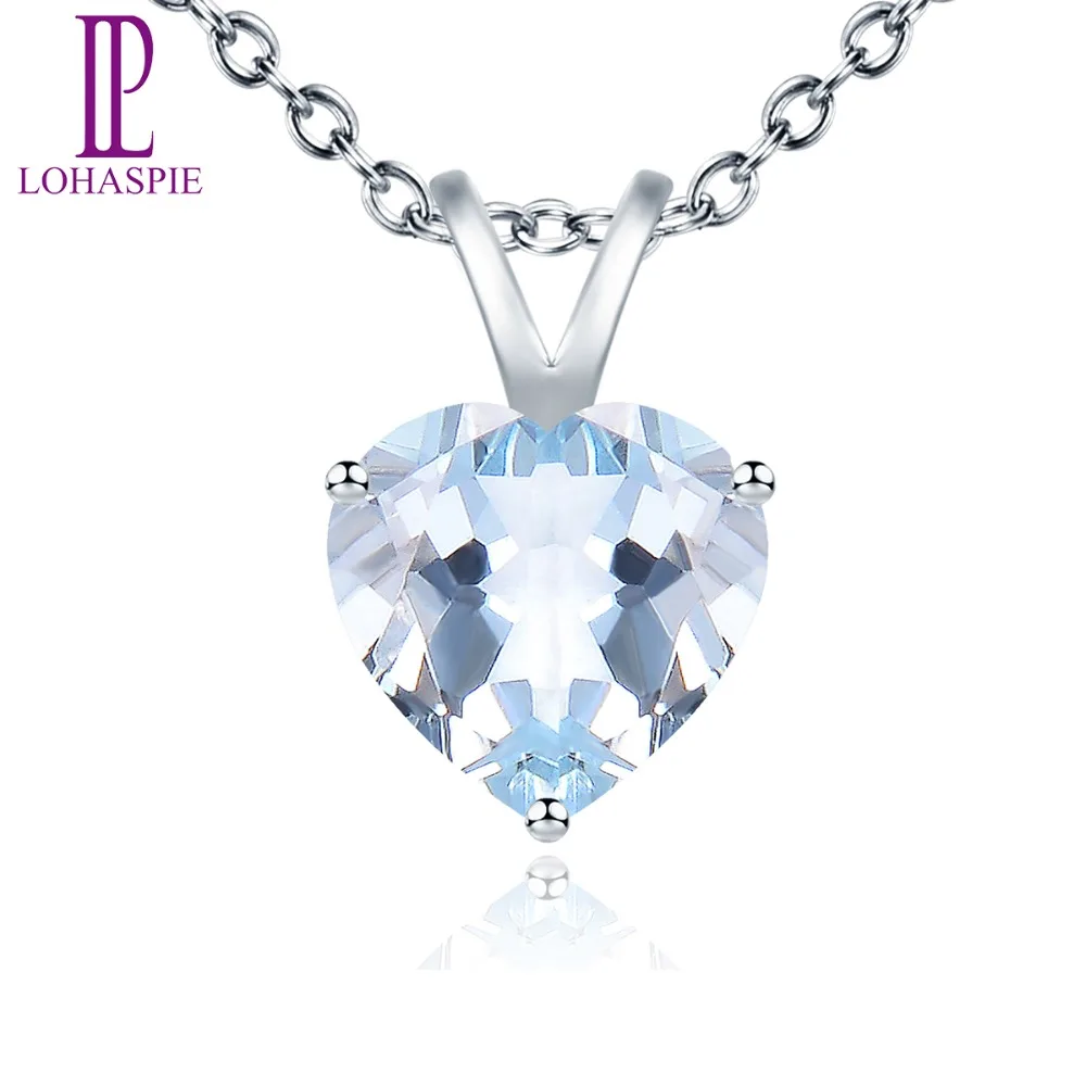 

LP Fine Stone Jewelry Natural Gemstone Aquamarine Solid 14K White Gold Heart Pendant For Girl's Women's Birthday Gift New