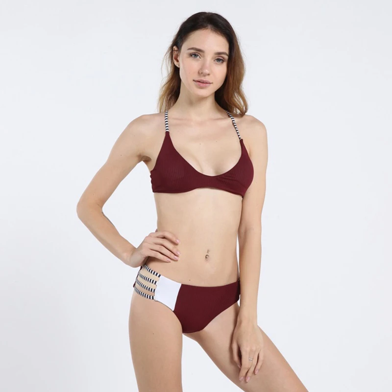 

Retro Red Strap Cross Separate Swimsuit Solid Bikinis 2019 Woman Sports Pad Halter Striped Bandage Bathing Suit Female Brazilian
