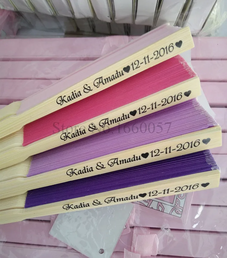 

Free Shipping 100pcs/lot Personalized Wedding Favor Silk Fan Customized Bride & Groom's Name Cloth Hand Fan Wedding Gift