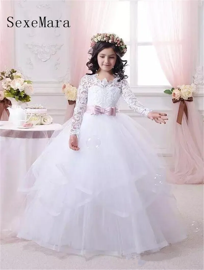Белый Кружевные Платья с цветочным узором для девочек для свадьбы с длинными рукавами для маленьких девочек Бальные платья на день