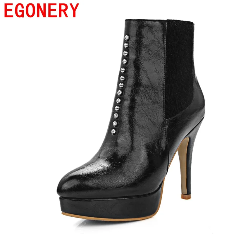 

EGONERY shoes 2019 winter woman fashion rivets ankle boots pointed toe super heel party boots women red high quality shoes 33-43