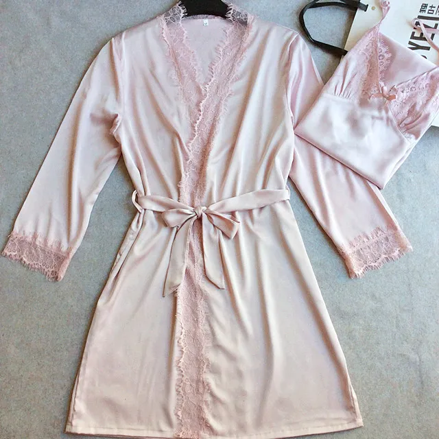 Lisacmvpnel 2 шт. сексуальный кружевной женский халат комплект Ночная рубашка+ халат женская пижама элегантные женские кардиганы - Цвет: Розовый