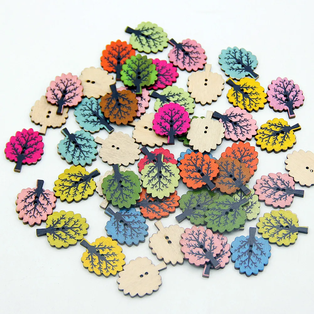 

50pcs Colorful Tree Leaf Wooden Buttons 2 Holes Sewing Wood Button Scrapbooking Decor Fastener DIY Craft Clothing Accessories