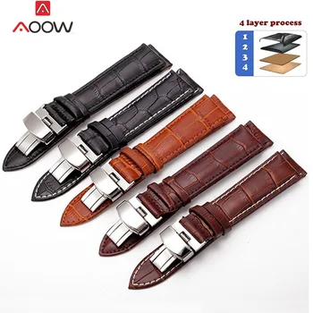 

AOOW PU Leather Watch Band Strap Butterfly Deployant Buckle Polished Metal Clasp Watchband 12 14 16 18mm 19mm 20mm 22mm 24mm