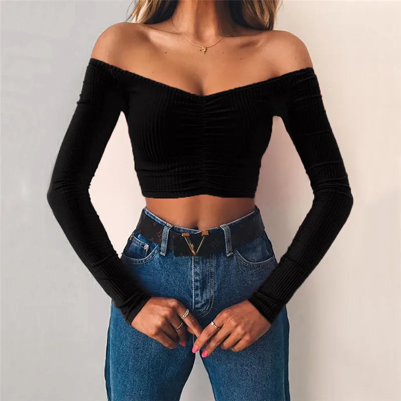

New Spring Autumn Sexy Slash Neck Short Shirts Long Sleeve Crop Top Black Women Tops and Blouses Streetwear Basic Cotton Tees XL