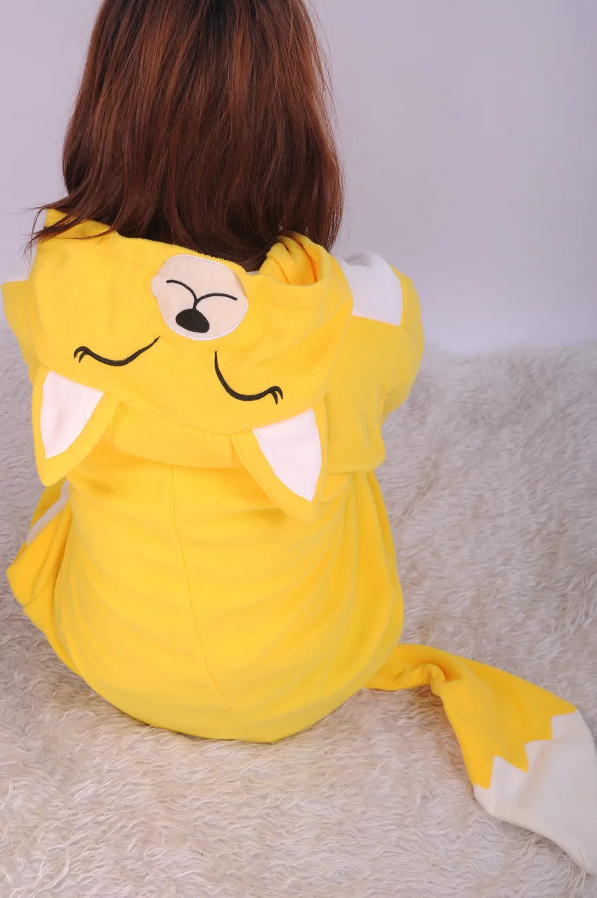 Polar Fleece Polyester Animal Yellow Fox Hooded Onesie for Women Men Cute Cartoon Unisex Pajamas Pyjamas Cos Party Dress