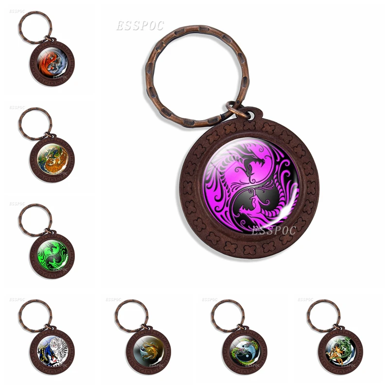 

Yin Yang Dragon Wooden Key Chain Glass Cabochon Yin Yang Pendant Keyring Animal Chinese Classical Car Key Chain Gift for Men
