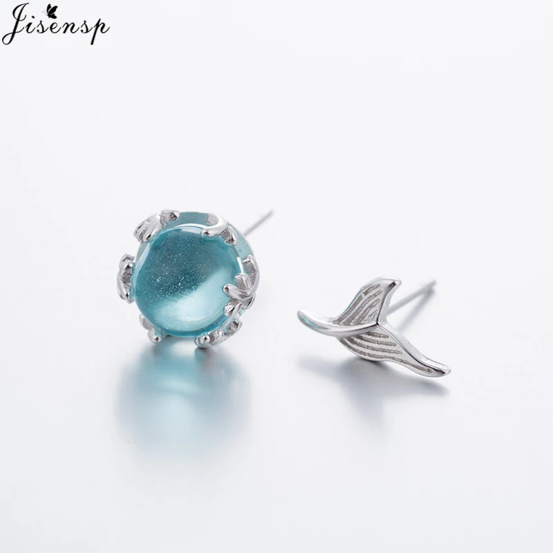 

Jisensp Romantic Blue Mermaid Tear Crystal Beads Earrings for Women Wedding Gift Asymmetric Mermaid Tail Stud Earrings Jewelry