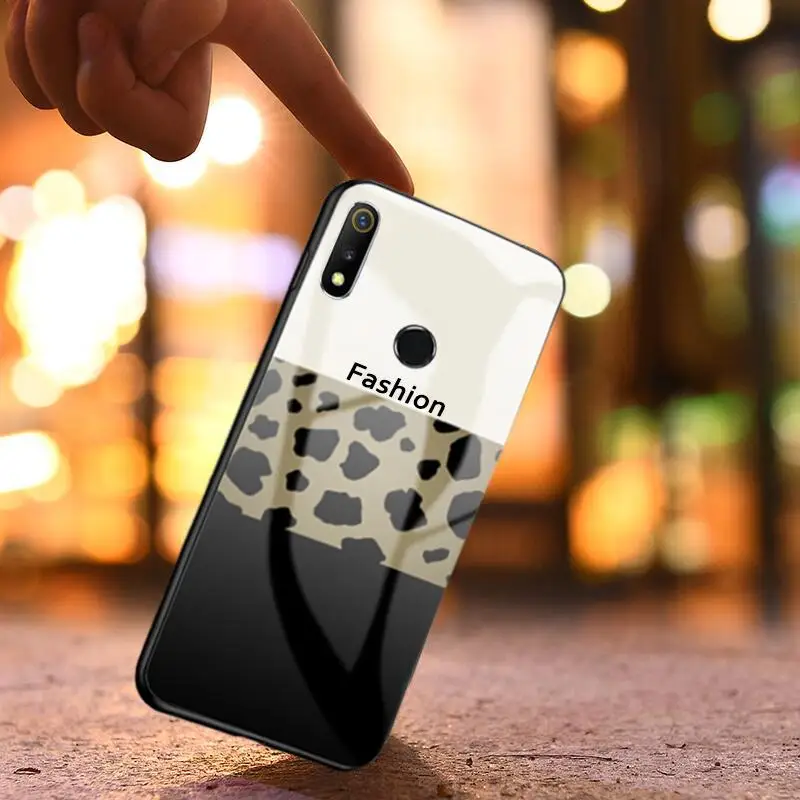 

GFAITH For Realme 3 Pro Case Tempered Glass Sexy Leopard Print Back Cover For Realme 3 C2 2 Pro With Phone Strap Rope