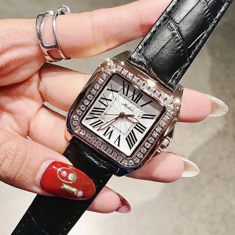 Hot sell women genuine leather band big dial wristwatch Female square