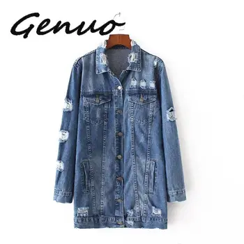 

Solid Denim Jackets Women Hole Boyfriend Style Long Sleeves Vintage Jeans Jacket Denim Jacket Loose Plud Size Denim Coat Jeans