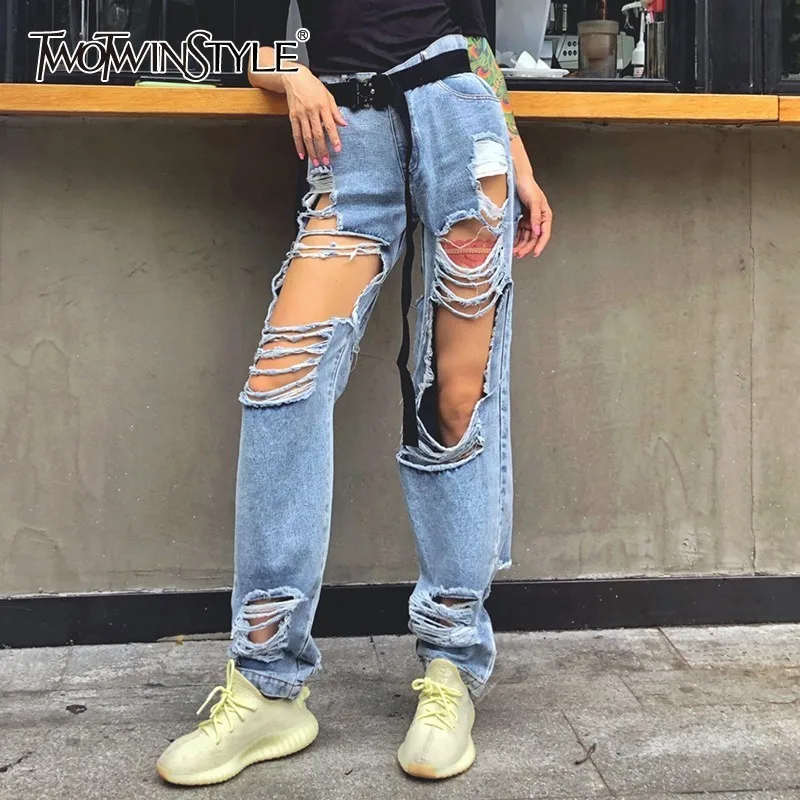 TWOTWINSTYLE Streetwear Ripped Hole Straight Denim Pants For Women High Waist Pants Female Fashion Clothes 2020 Summer New TWOTWINSTYLE Streetwear Ripped Hole Straight Denim Pants For Women High Waist Pants Female Fashion Clothes 2020 Summer New