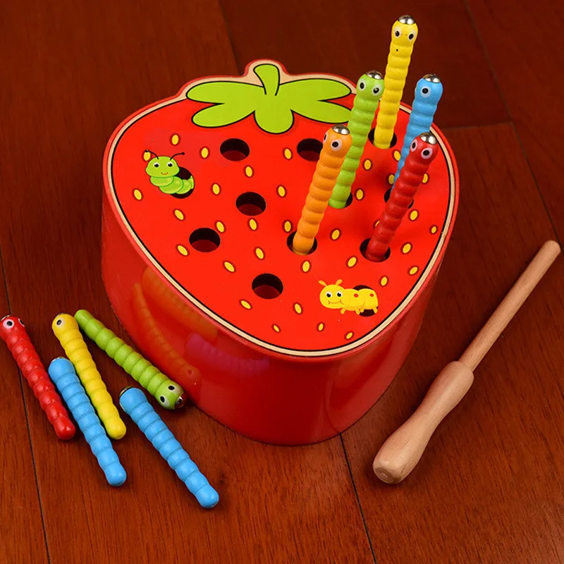 3D Головоломка Детские деревянные игрушки Раннее детство развивающая игрушка ловить червя игра цветная Когнитивная Магнитная игрушка клубника для детей