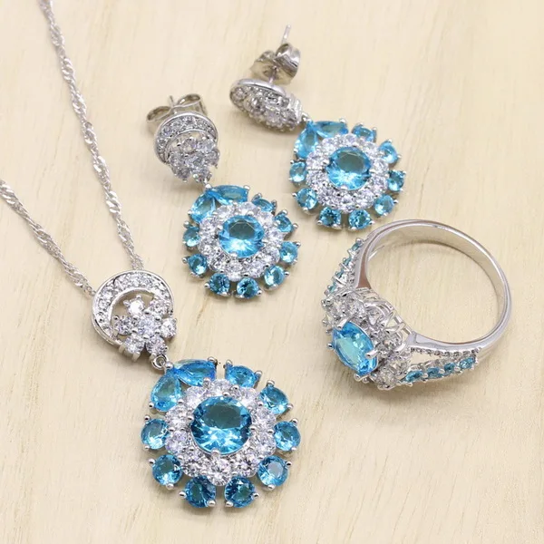 Светильник с синим цирконием, 925 серебряные ювелирные наборы для женщин, кулон и ожерелье, кольцо, серьги, браслеты из натуральных камней, ювелирные изделия - Окраска металла: 3PCS