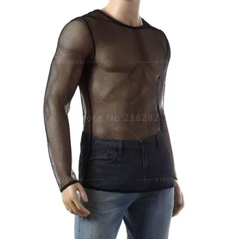 

Summer Unisex Gauze Sheer Black & White Fishnet Tops Tees Undershirts See Through Long Sleeve Shirts Sexy Mesh Gay Sleepwear