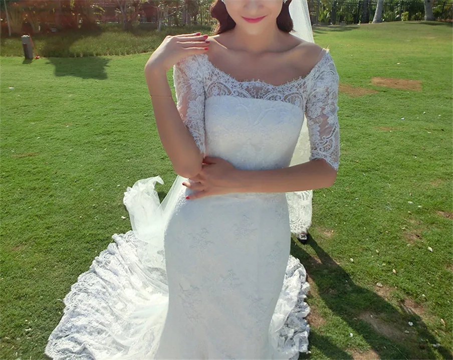 Scoop-Neckline-France-Lace-Mermaid-Wedding-Dress-Half-Sleeves-Applique-Lace-Sexy-Bridal-Dress-Include-Long (2)