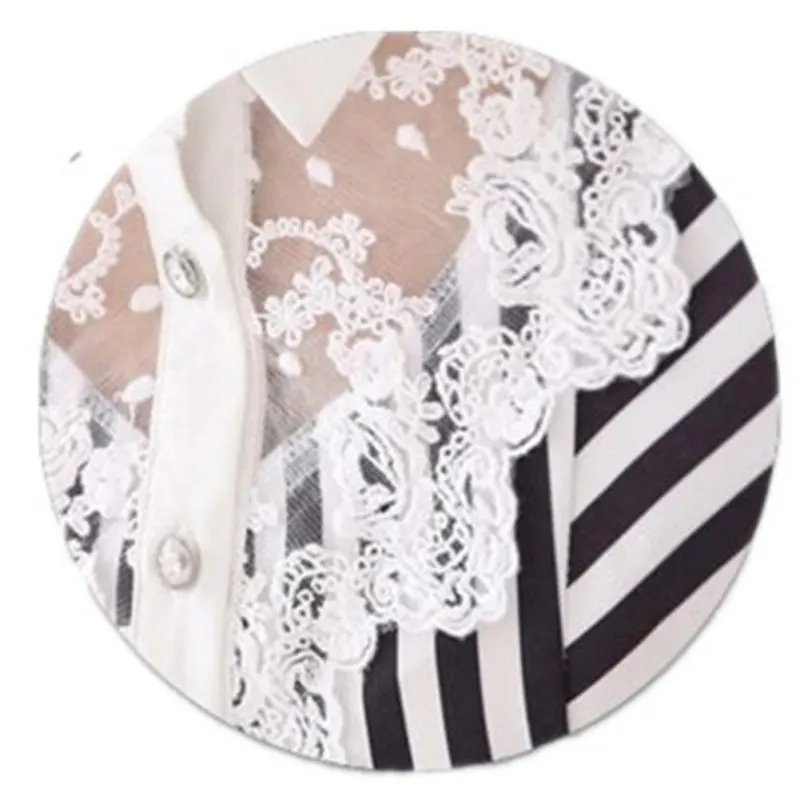 2018 Fashion Women Blouse Long Sleeve Lace Tops Striped Turn-Down Collar Blouses Official Female Formal Shirt Spring Autumn