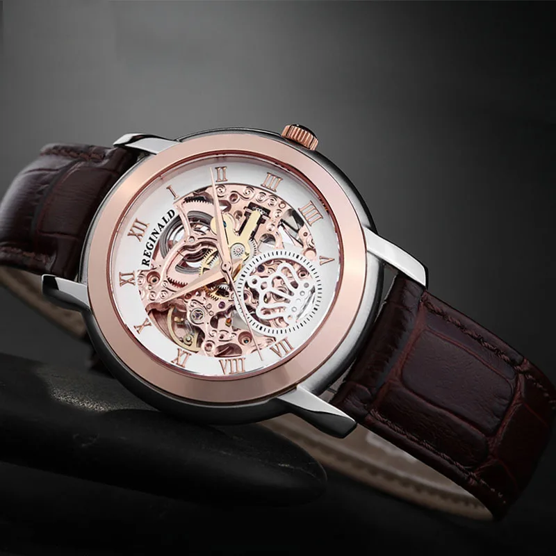 

Reginald Automatic Watches Men hollow Business Wristwatch Leather Fashion 50M Waterproof Male Clock Relogio Masculino