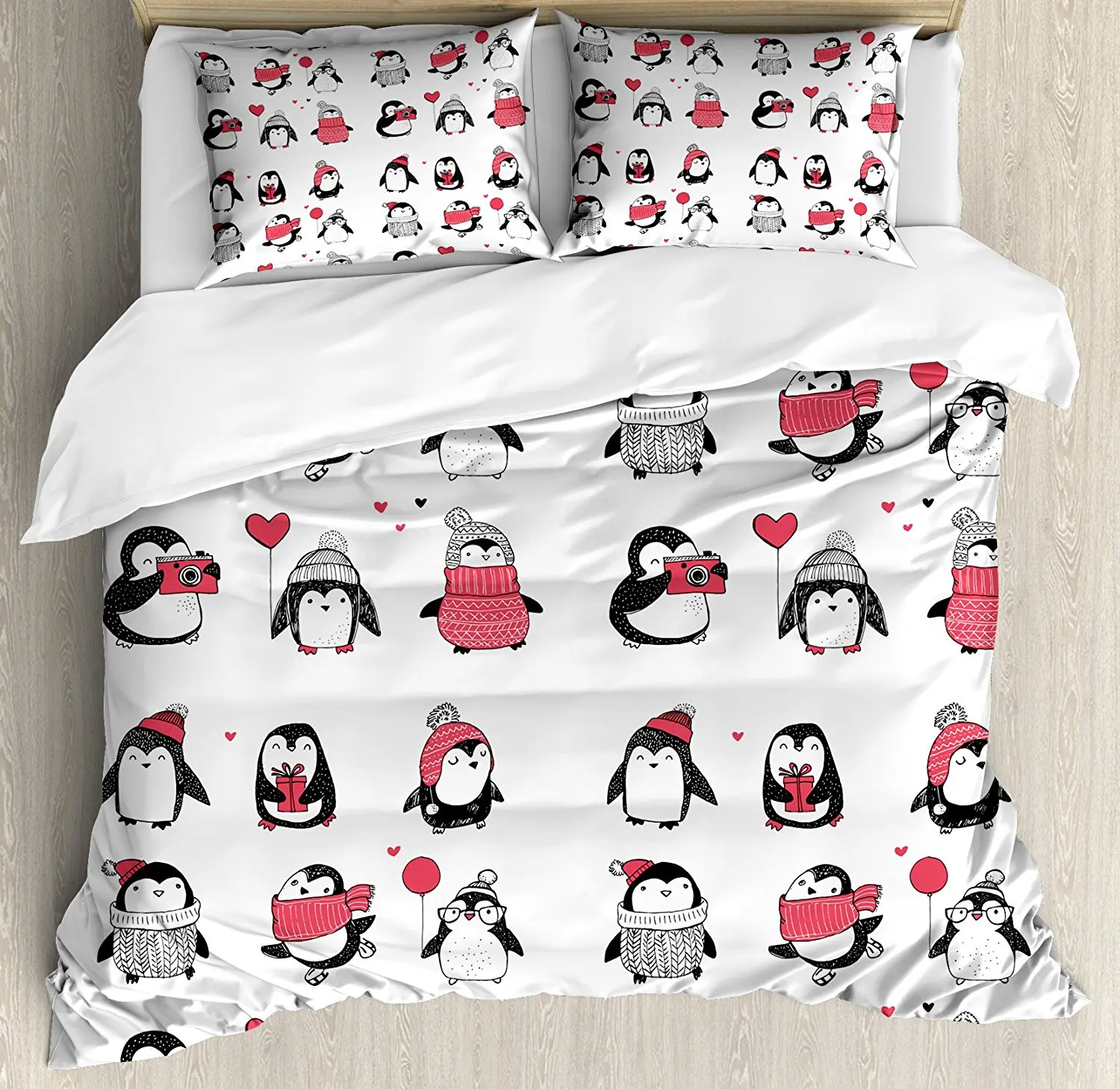 

Winter Duvet Cover Set Cute Penguins Hand Drawn Style Set Merry Christmas Greetings Babies Kids Toddler 4 Piece Bedding Set
